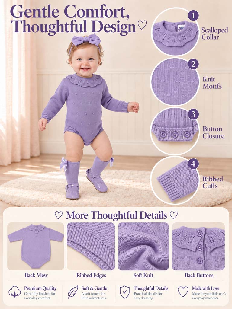 Baby Girl Luma Collection Spanish Knitted Frill Collar Romper - Purple