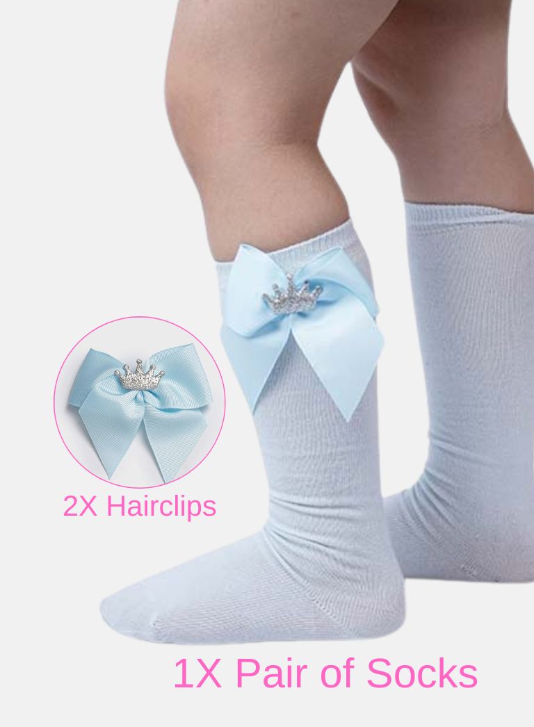 Matching Crown Socks and Hairclips Bundle - Baby Blue