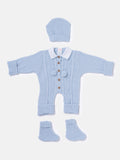Baby Boy All-In-One Knitted 3-Piece Set with Pom-Poms - Baby Blue