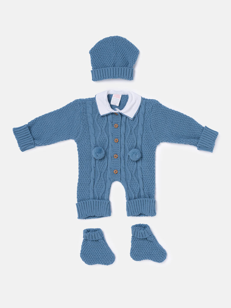Baby Boy All-In-One Knitted 3-Piece Set with Pom-Poms - Blue