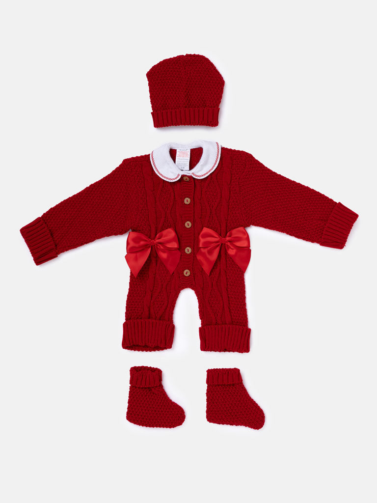 Baby Girl All-In-One Knitted 3-Piece Set with Bows - Red
