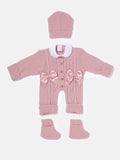 Baby Girl All-In-One Knitted 3-Piece Set with Bows - Rose Pink