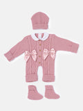 Baby Girl All-In-One Knitted 3-Piece Set with Bows - Dusty Pink