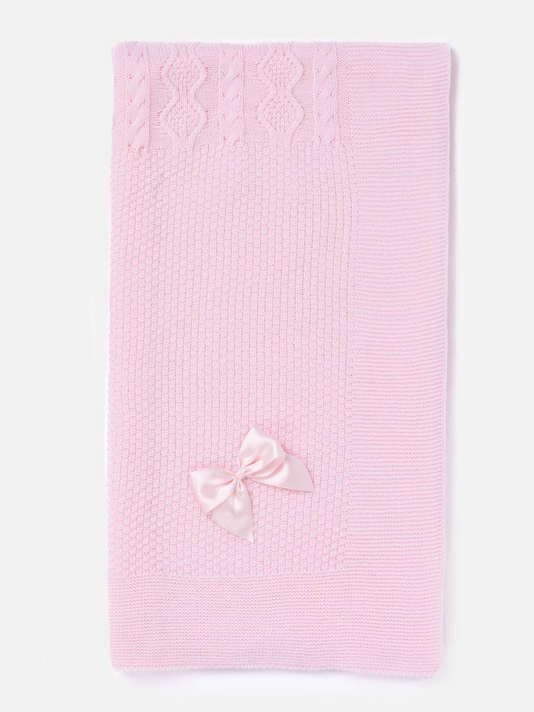 Baby Knitted Spanish Blanket with Satin Bow - Baby Pink