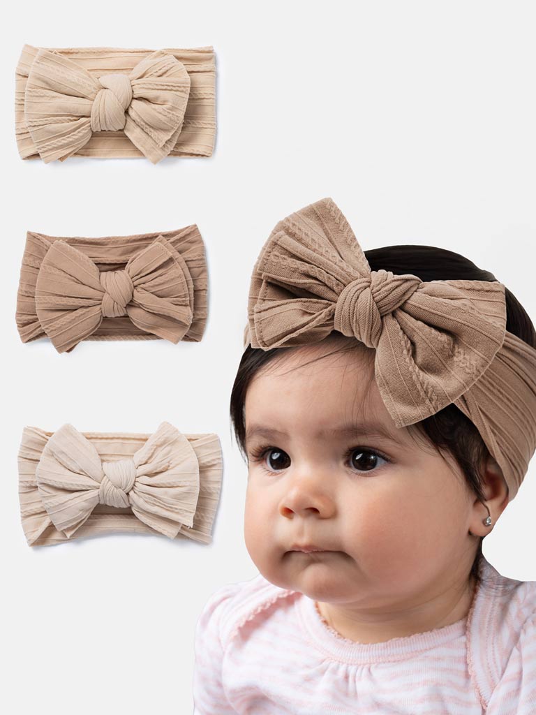 Baby Girl Ribbed Headband with Knotted Double Bow - Nude Tones