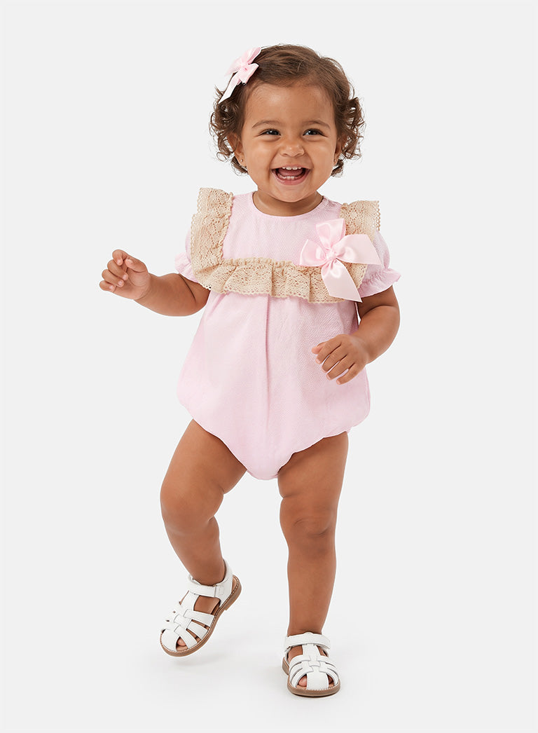Baby Girl Catalina Collection Romper + Hair Clip Set - Baby Pink
