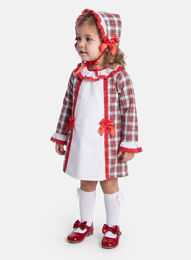 Baby Girl Candy Cane Cuties Collection Tartan Dress with Satin Bows and Bonnet - Red & White