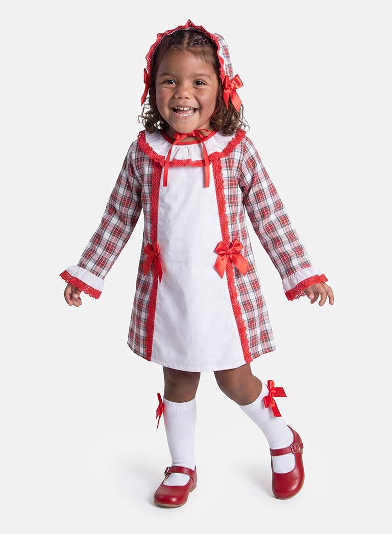 Baby Girl Candy Cane Cuties Collection Tartan Dress with Satin Bows and Bonnet - Red & White