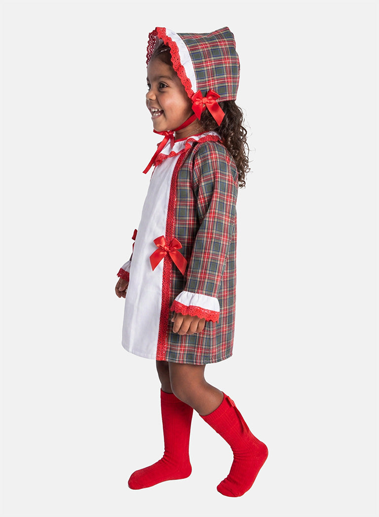 Baby Girl Candy Cane Cuties Collection Tartan Dress with Satin Bows and Bonnet - Red & Green