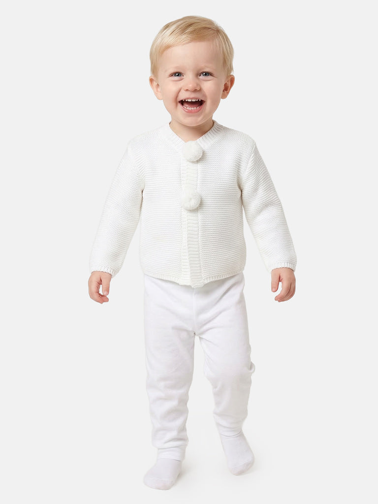 Baby Boy Knitted Cardigan with Pom-Poms - Ivory