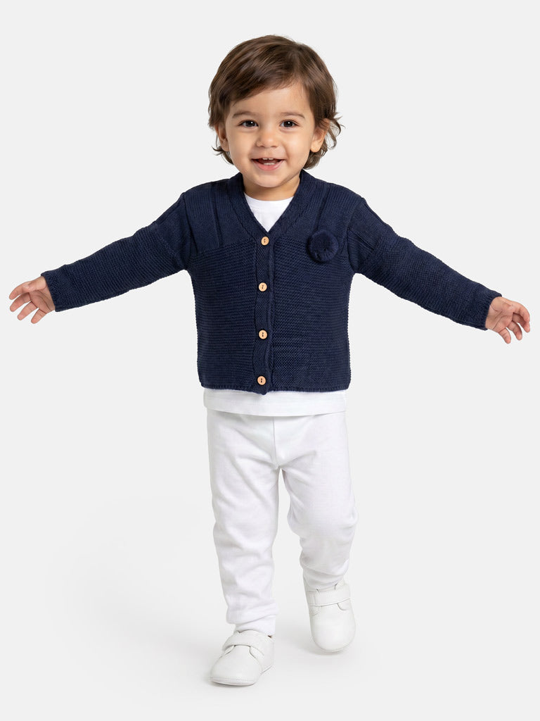 Baby Boy Button-Down Knitted Cardigan with Pom-Pom - Navy Blue