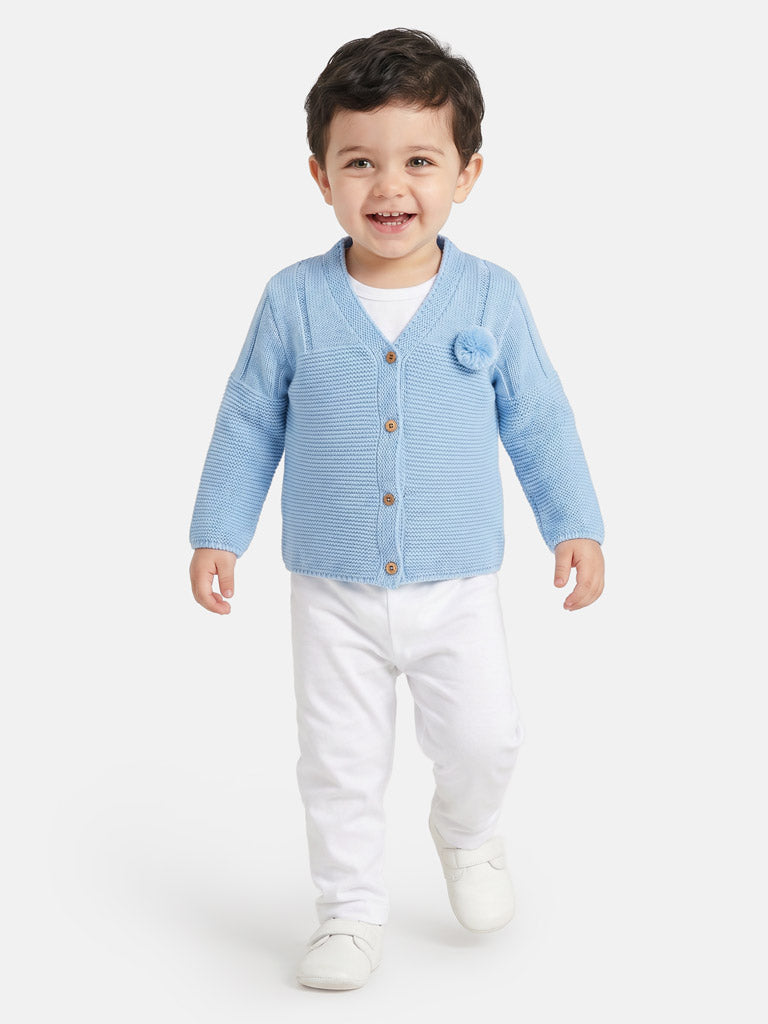 Baby Boy Button-Down Knitted Cardigan with Pom-Pom - Baby Blue
