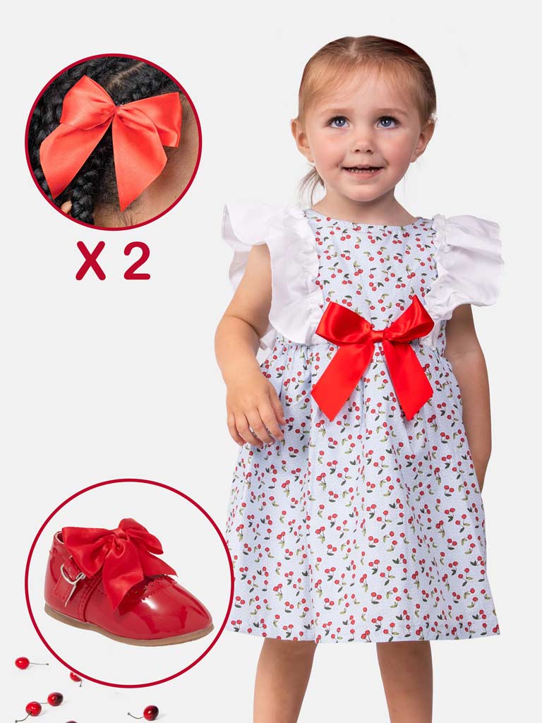 Baby Girl Cherry Dress with Shoes and 2 Hairclips Bundle