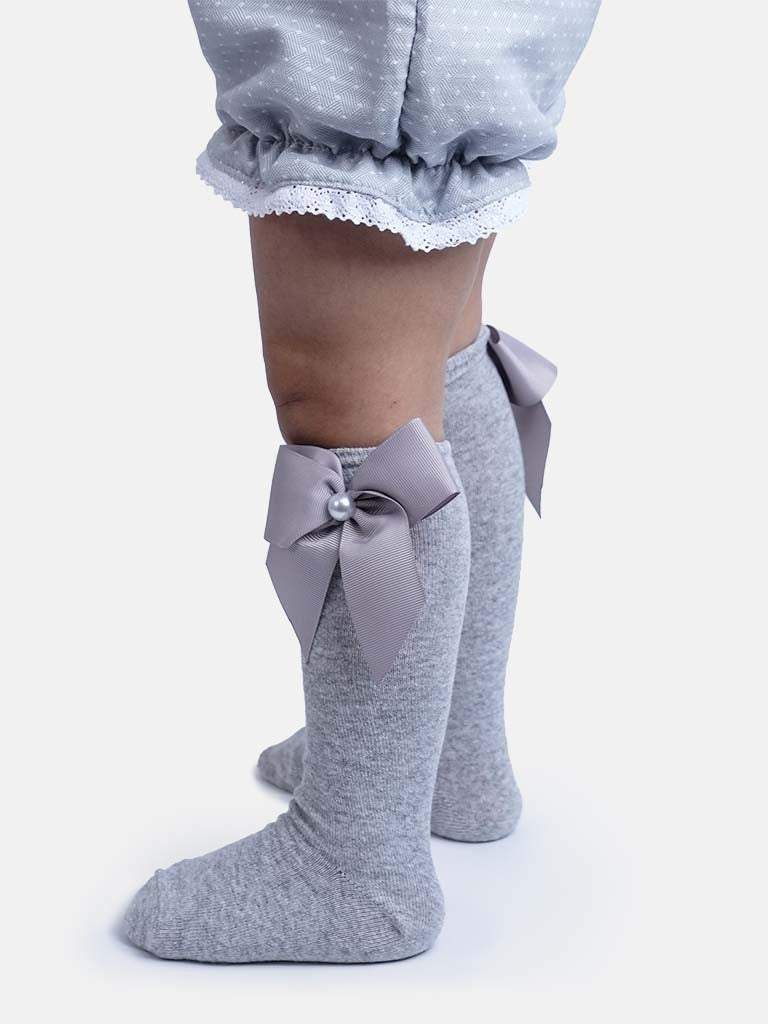Baby Girl Knee Socks with Satin Bow and Pearl - Grey