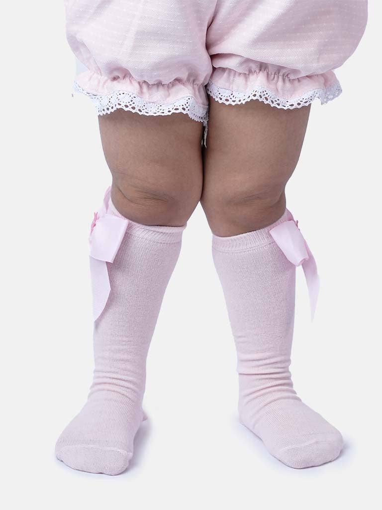 Baby Girl Knee Socks with Satin Bow and Crown - Baby Pink