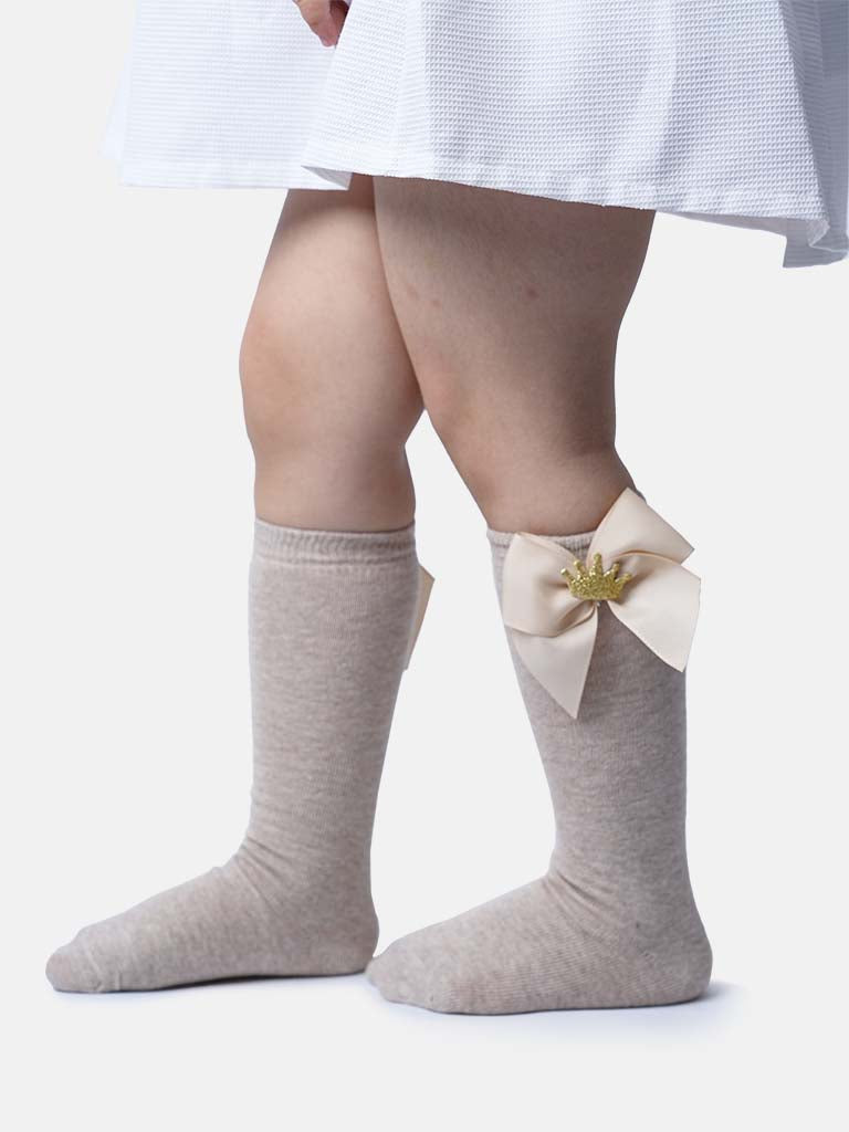 Baby Girl Knee Socks with Satin Bow and Crown - Beige