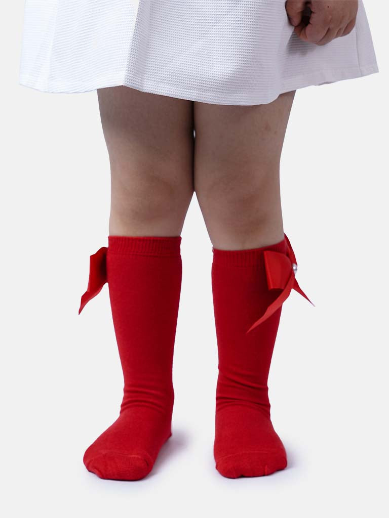 Baby Girl Knee Socks with Satin Bow and Pearl - Red