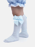 Baby Girl Knee Socks with Satin Bow and Pearl - Baby Blue
