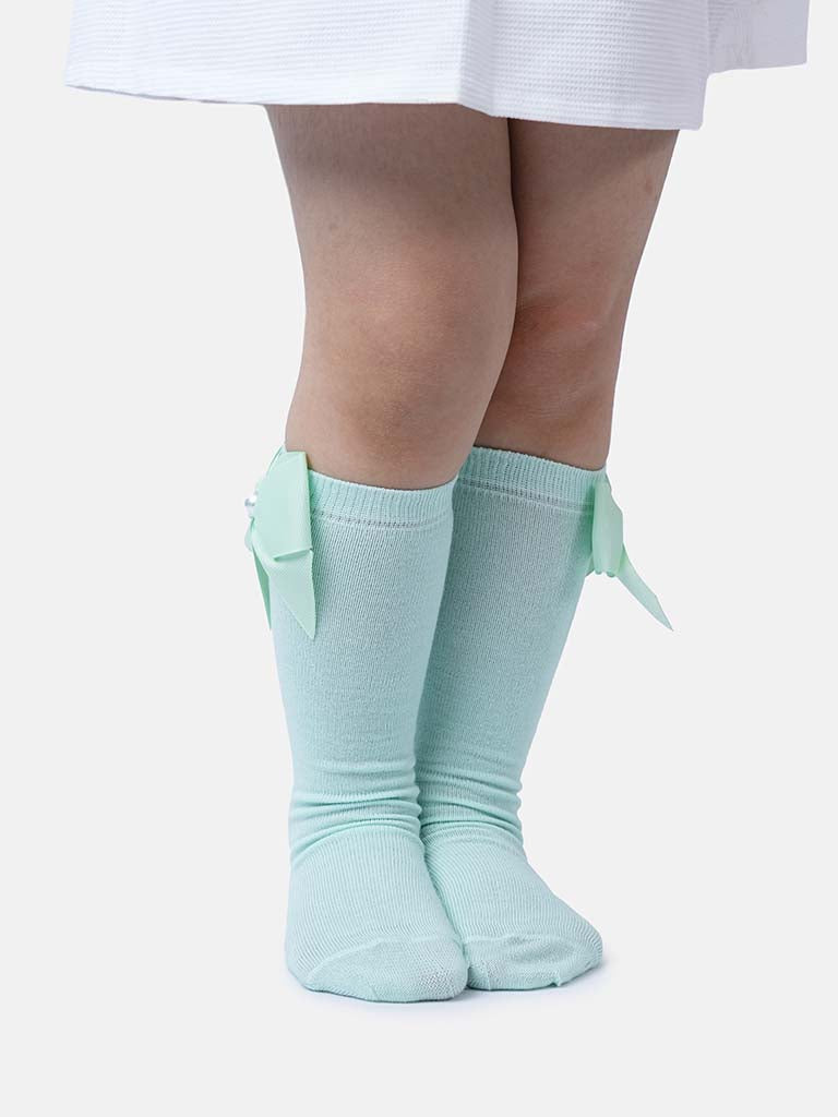 Baby Girl Knee Socks with Satin Bow and Pearl - Mint Green