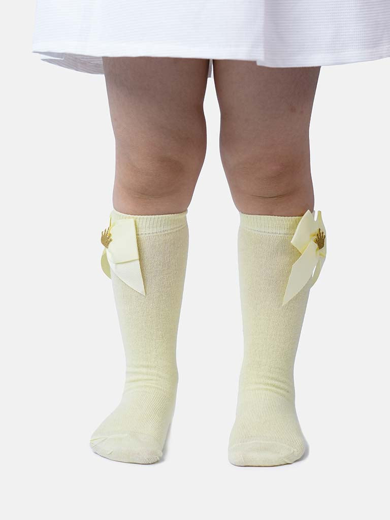 Baby Girl Knee Socks with Satin Bow and Crown - Lemon Yellow