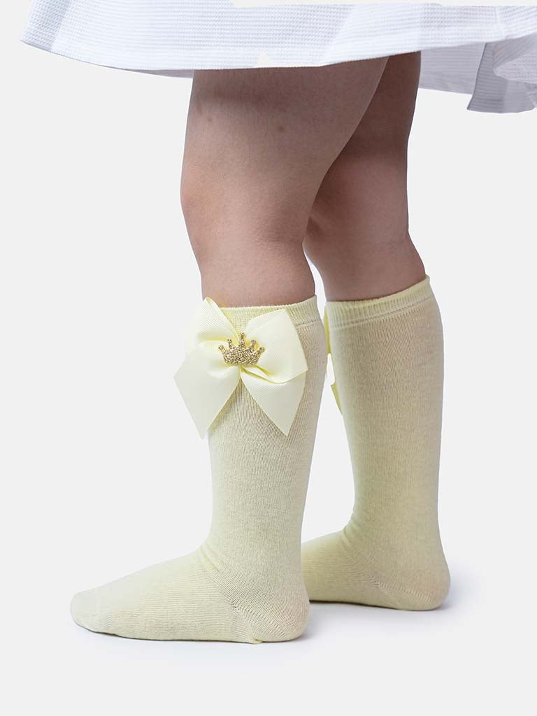 Baby Girl Knee Socks with Satin Bow and Crown - Lemon Yellow