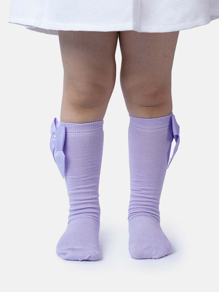 Baby Girl Knee Socks with Satin Bow and Pearl - Purple