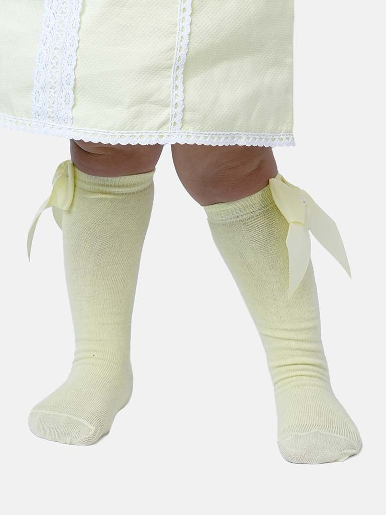 Baby Girl Knee Socks with Satin Bow and Pearl - Lemon Yellow