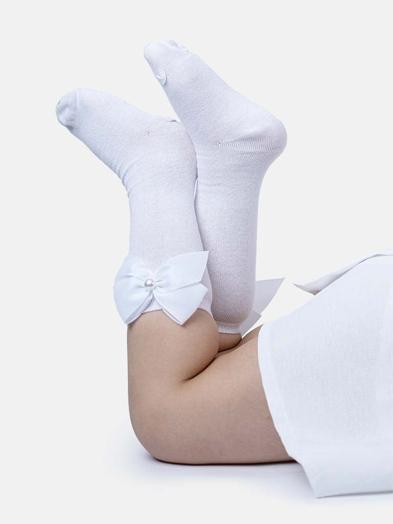 Baby Girl Knee Socks with Satin Bow and Pearl - White