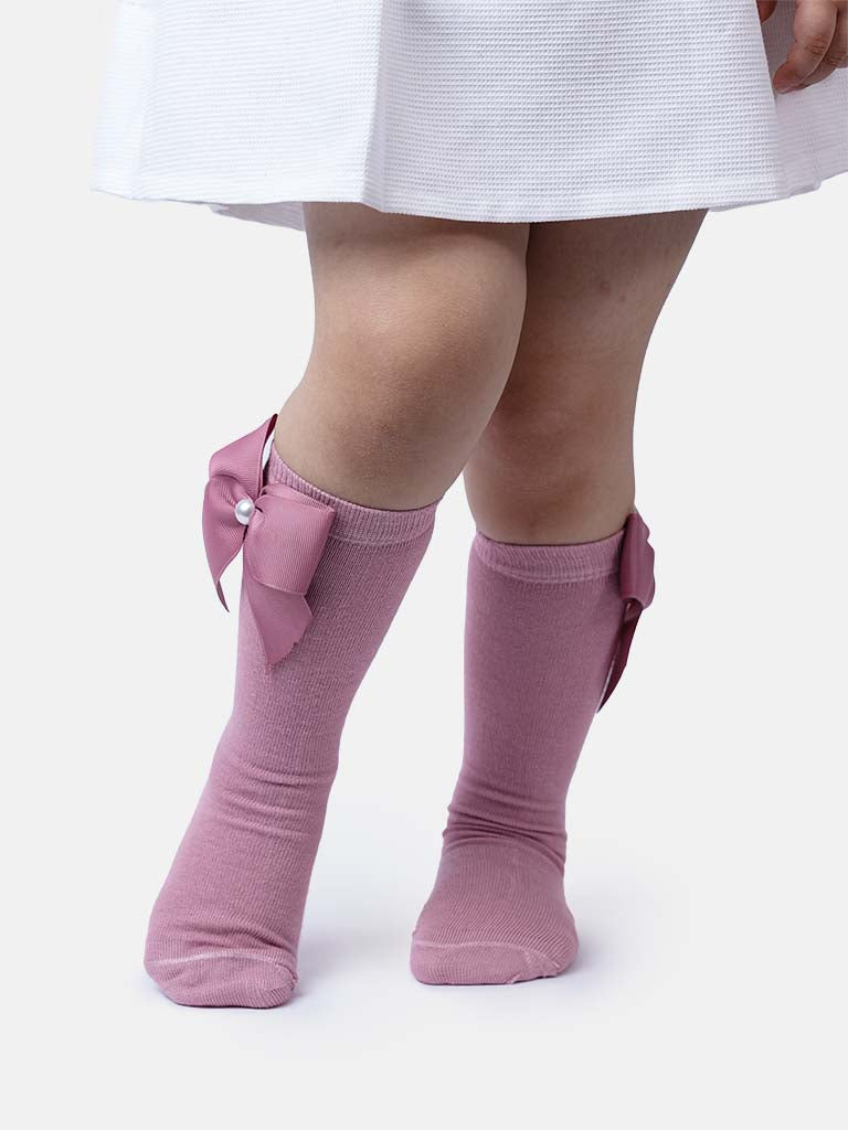 Baby Girl Knee Socks with Satin Bow and Pearl - Dusty Pink