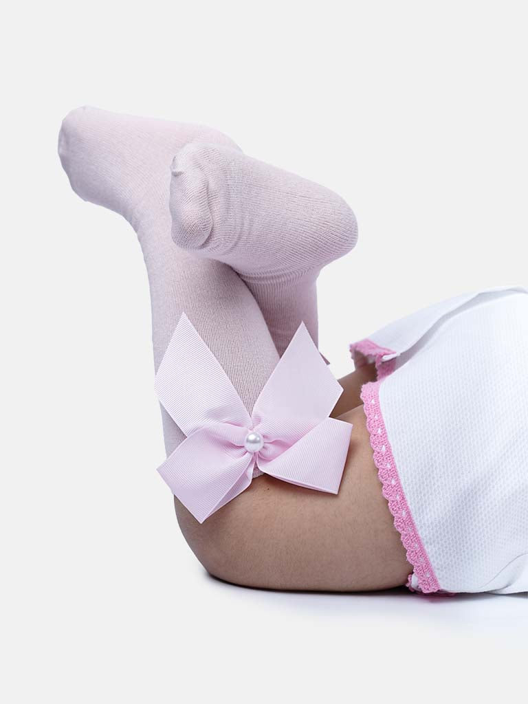 Baby Girl Knee Socks with Satin Bow and Pearl - Baby Pink