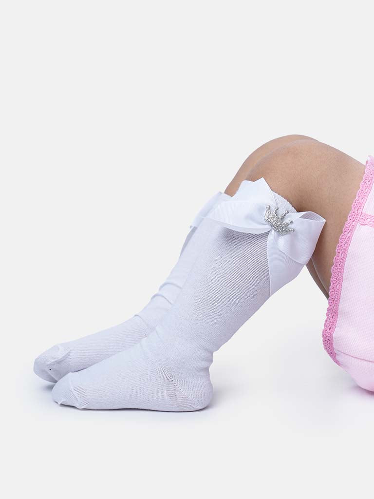 Baby Girl Knee Socks with Satin Bow and Silver Crown - White