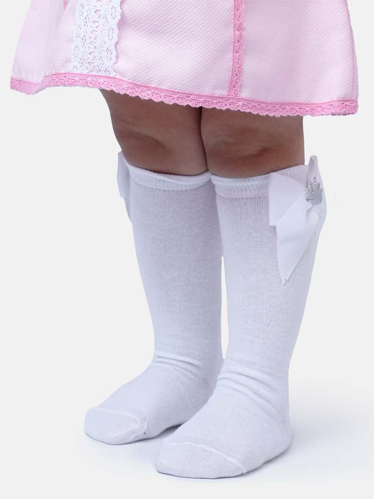 Baby Girl Knee Socks with Satin Bow and Silver Crown - White