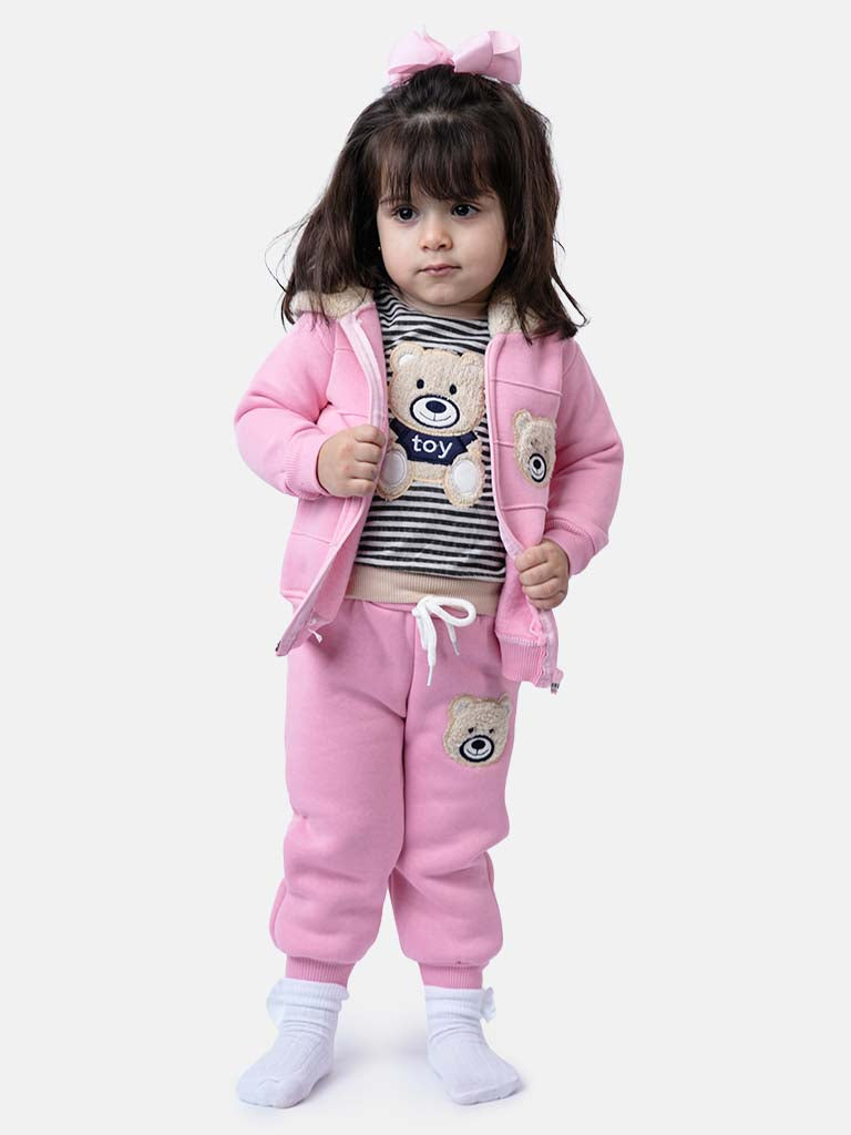 Baby Girl Teddy Long Sleeve Tracksuit 3 Piece Set-Pink