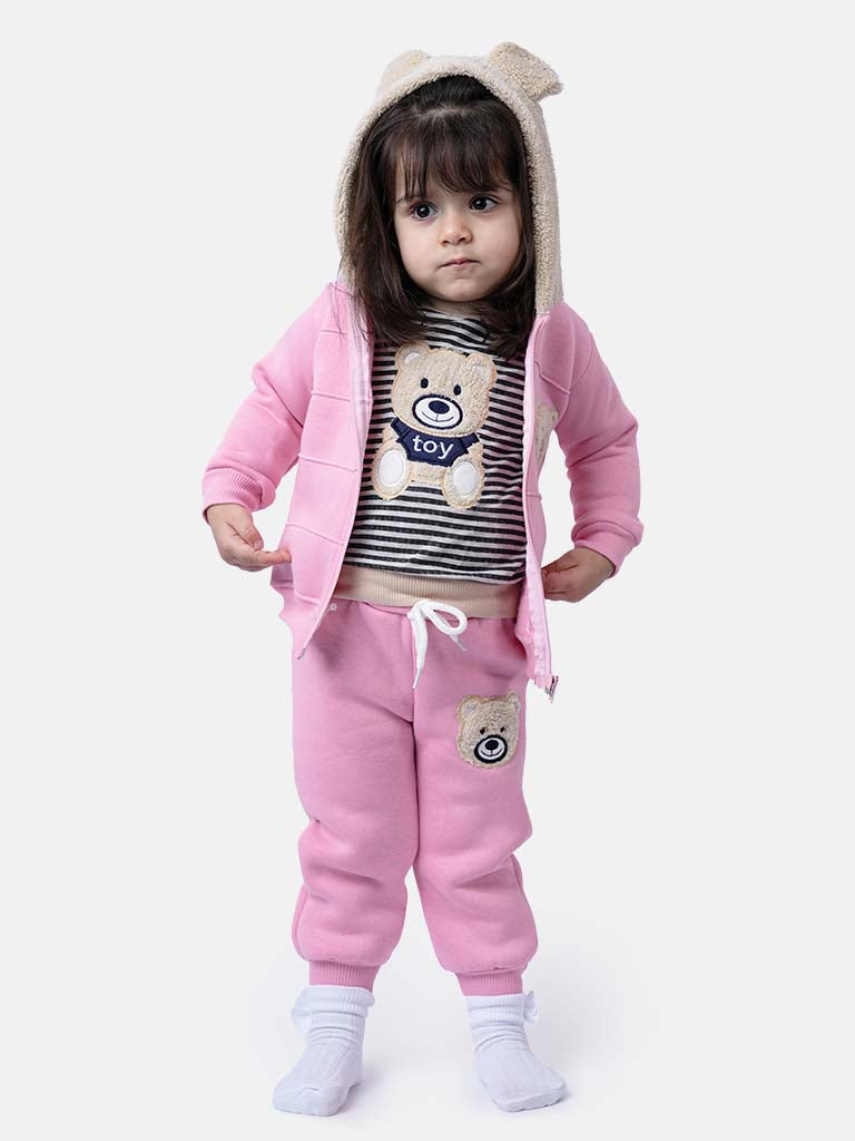 Baby Girl Teddy Long Sleeve Tracksuit 3 Piece Set-Pink