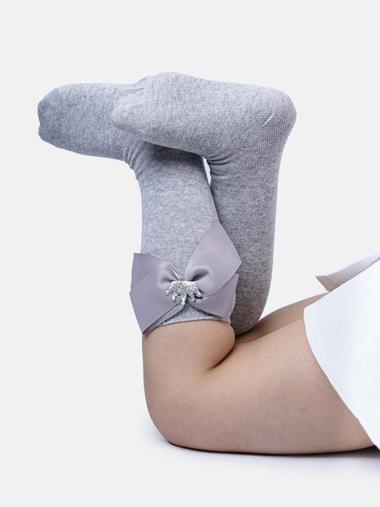 Baby Girl Knee Socks with Satin Bow and Crown - Grey