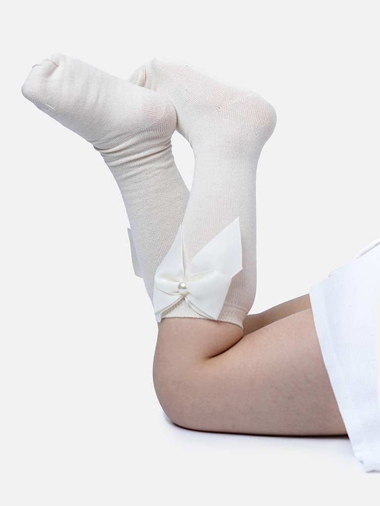 Baby Girl Knee Socks with Satin Bow and Pearl - Ivory