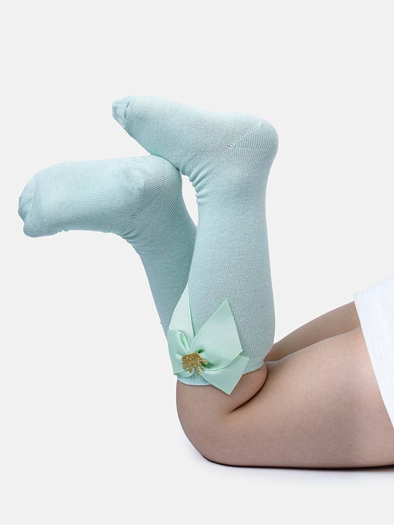 Baby Girl Knee Socks with Satin Bow and Crown - Mint Green