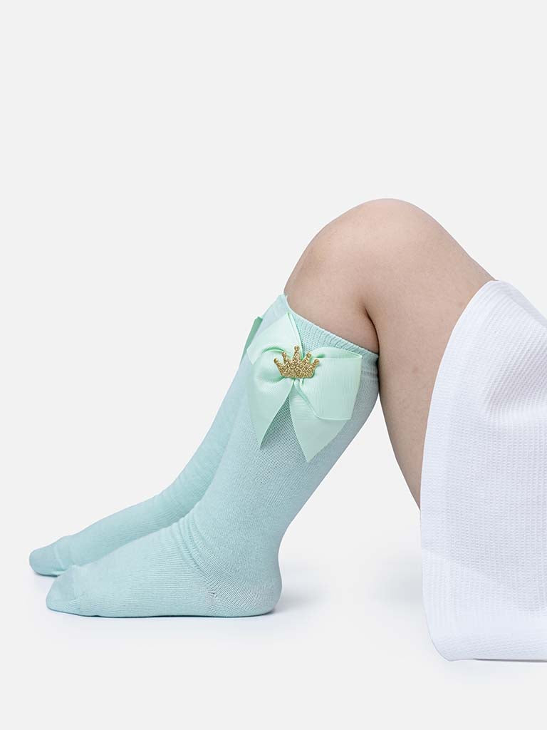 Baby Girl Knee Socks with Satin Bow and Crown - Mint Green