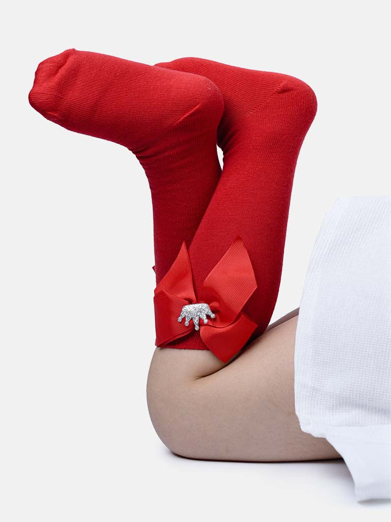 Baby Girl Knee Socks with Satin Bow and Silver Crown - Red