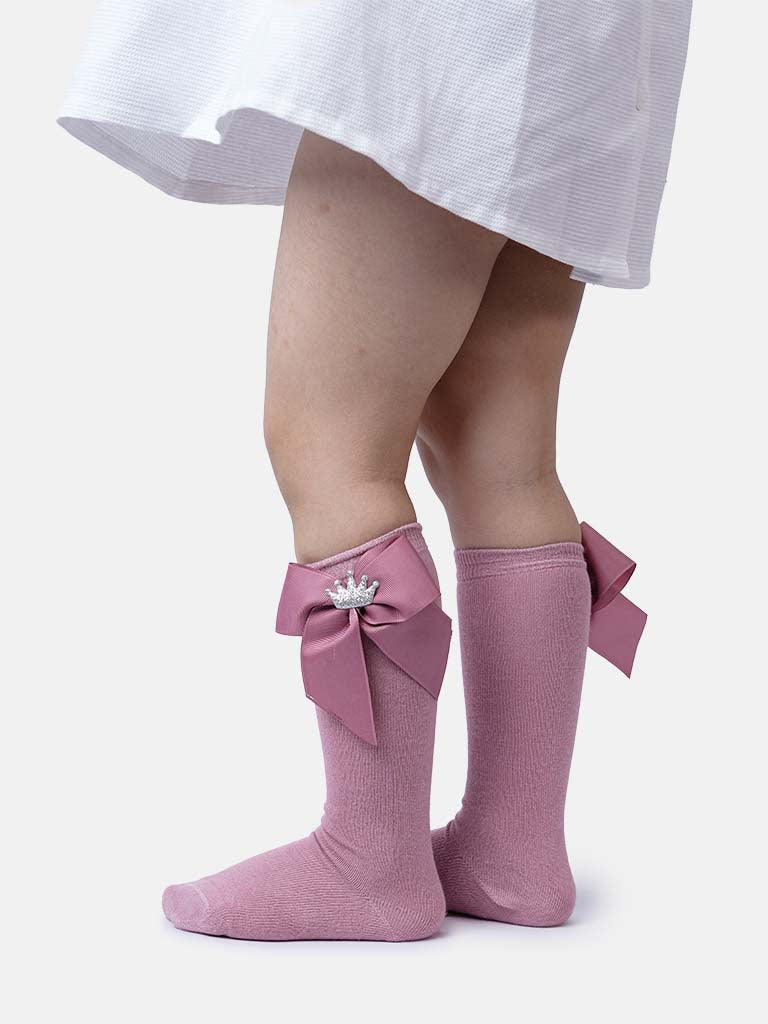 Baby Girl Knee Socks with Satin Bow and Crown - Dusty Pink