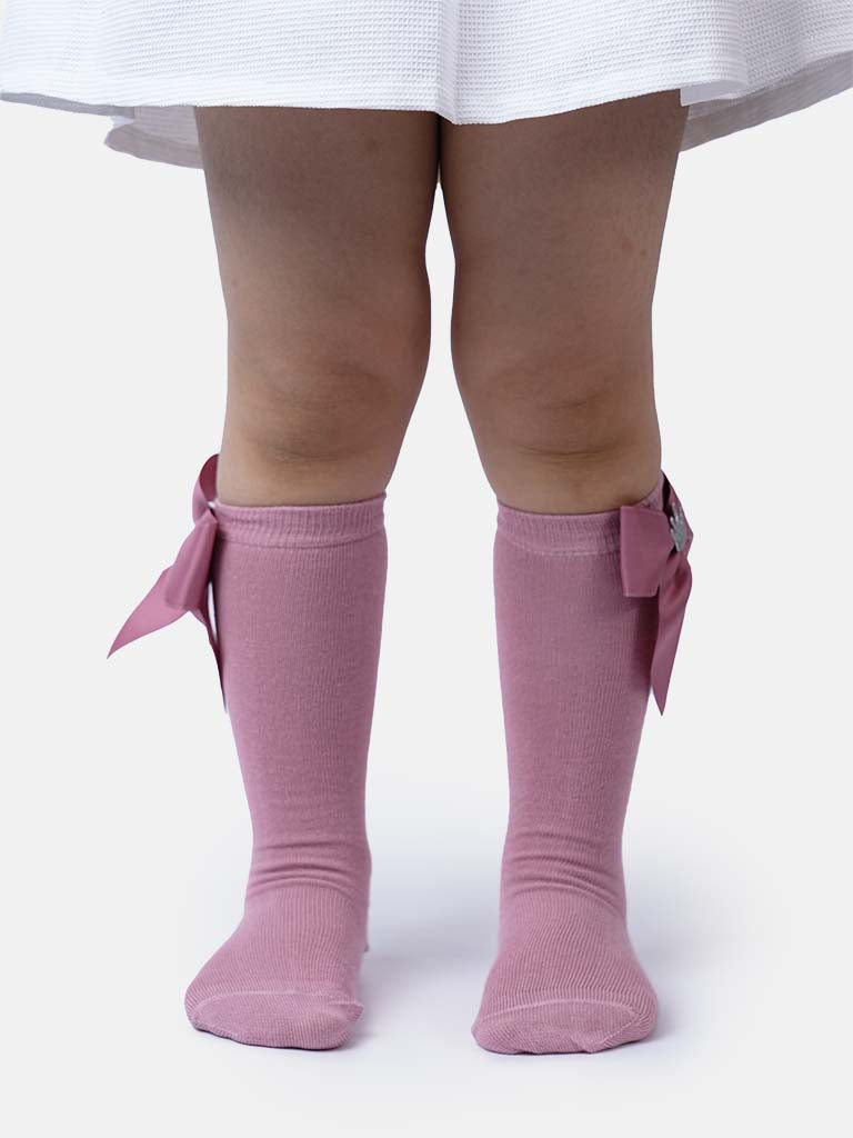Baby Girl Knee Socks with Satin Bow and Crown - Dusty Pink