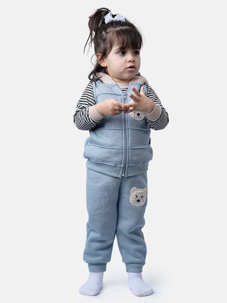 Baby Girl Teddy Tracksuit 3 Piece Set with Vest - Blue
