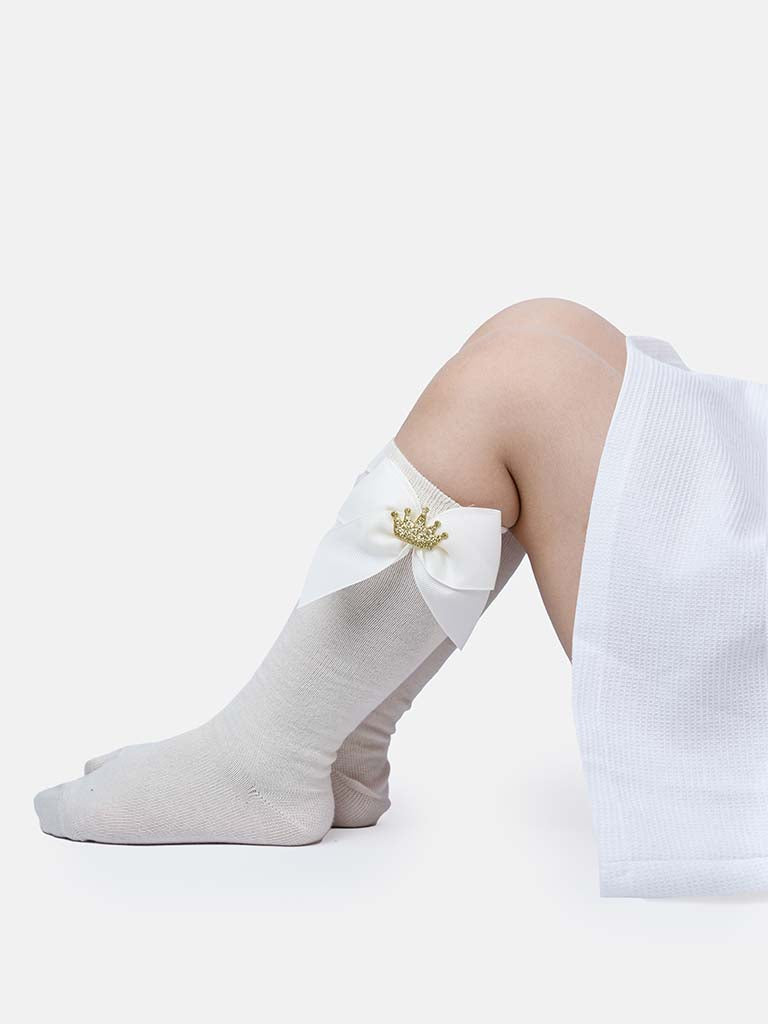 Baby Girl Knee Socks with Satin Bow and Crown - Ivory