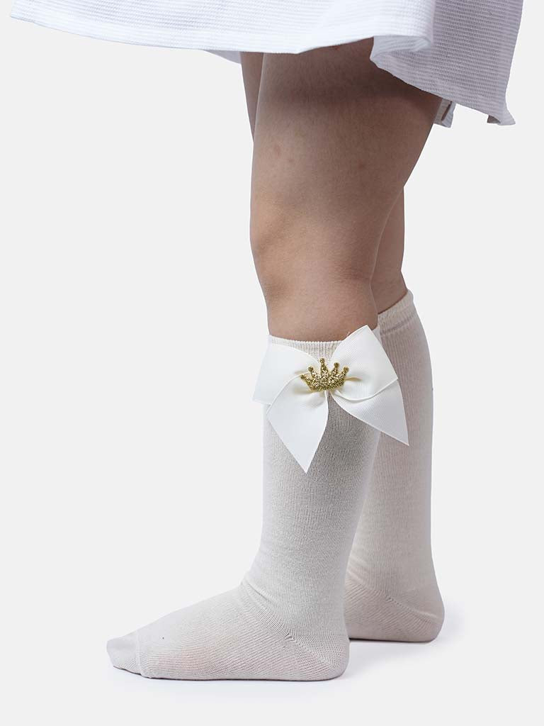 Baby Girl Knee Socks with Satin Bow and Crown - Ivory
