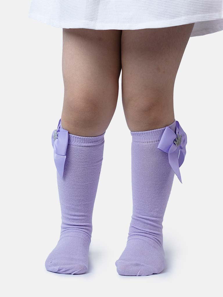 Baby Girl Knee Socks with Satin Bow and Crown - Purple