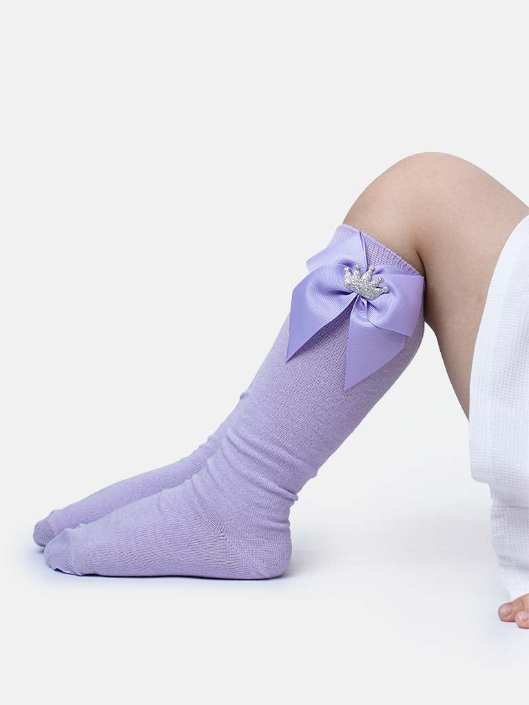 Baby Girl Knee Socks with Satin Bow and Crown - Purple