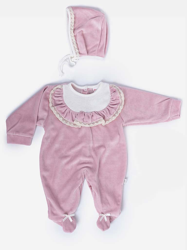 Baby Girl Sleepsuit with Matching Bonnet & Lace-Dusty Pink