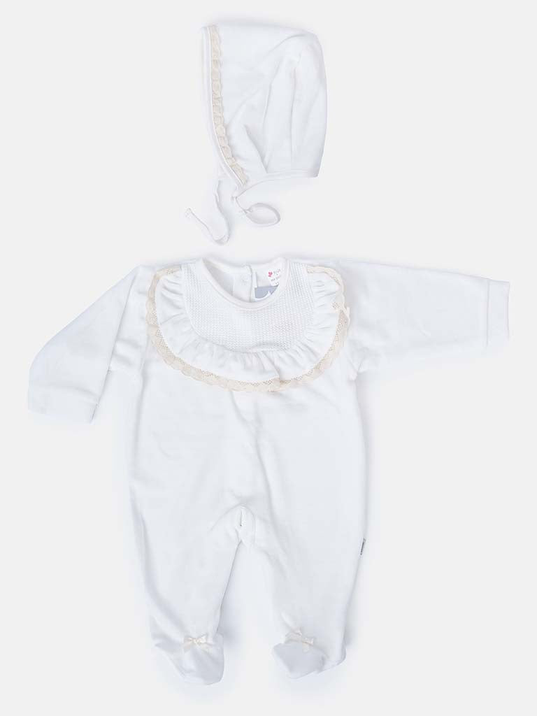 Baby Girl Sleepsuit with Matching Bonnet & Lace-White