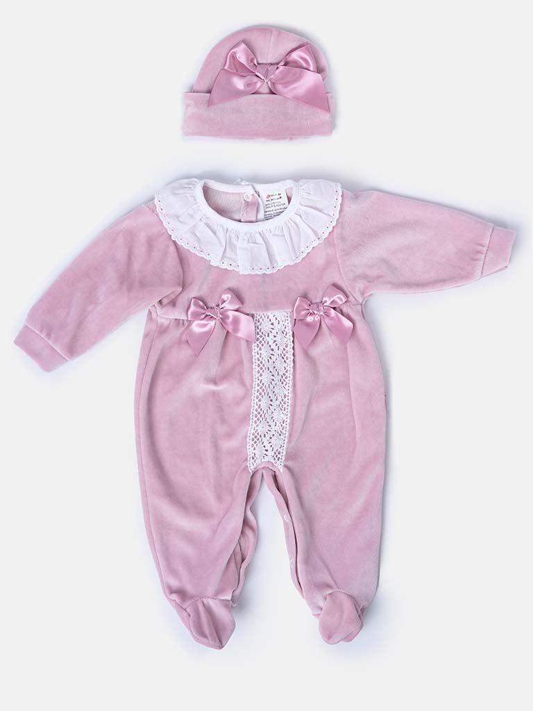 Baby Girl Sleepsuit with Matching Hat, Lace & Bows - Dusty Pink