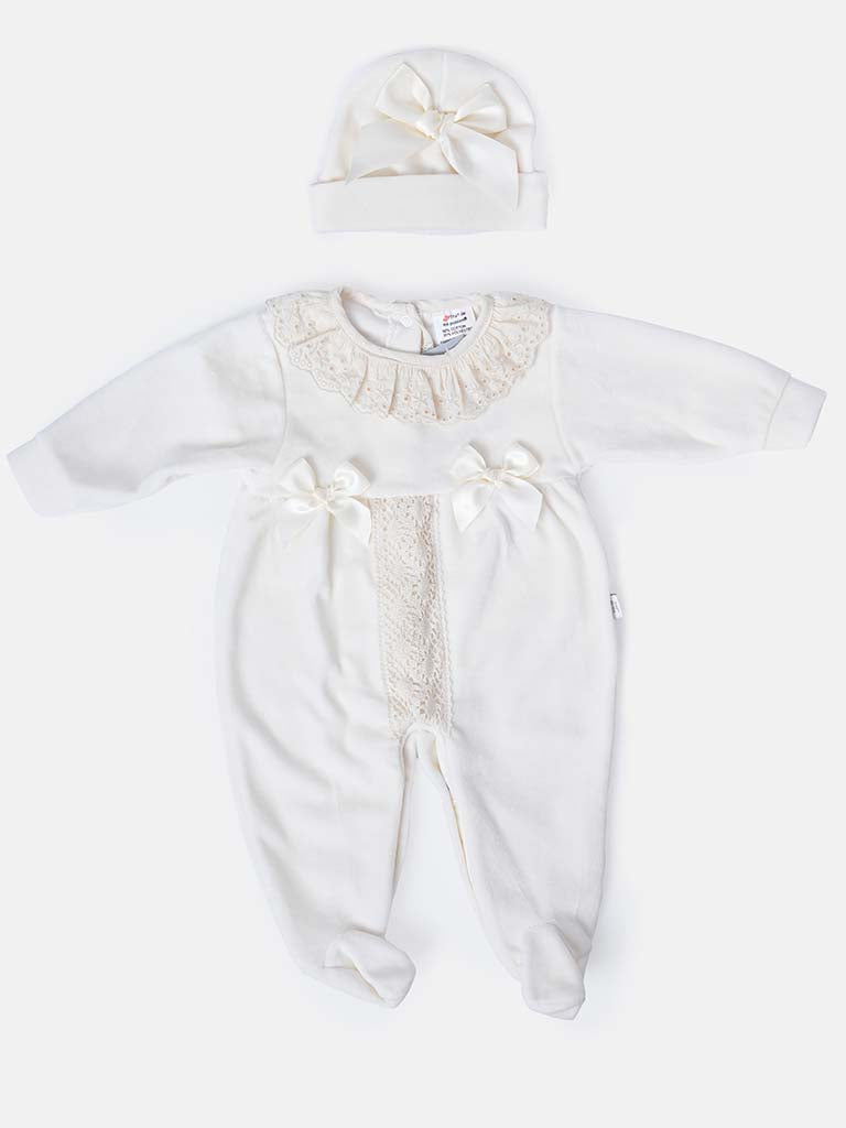 Baby Girl Sleepsuit with Matching Hat, Lace & Bows - Cream